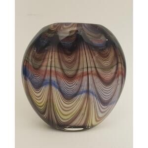 Murano Italian Art Glass Hand Blown Multicolor Ripple/Wave Pattern Round Vase